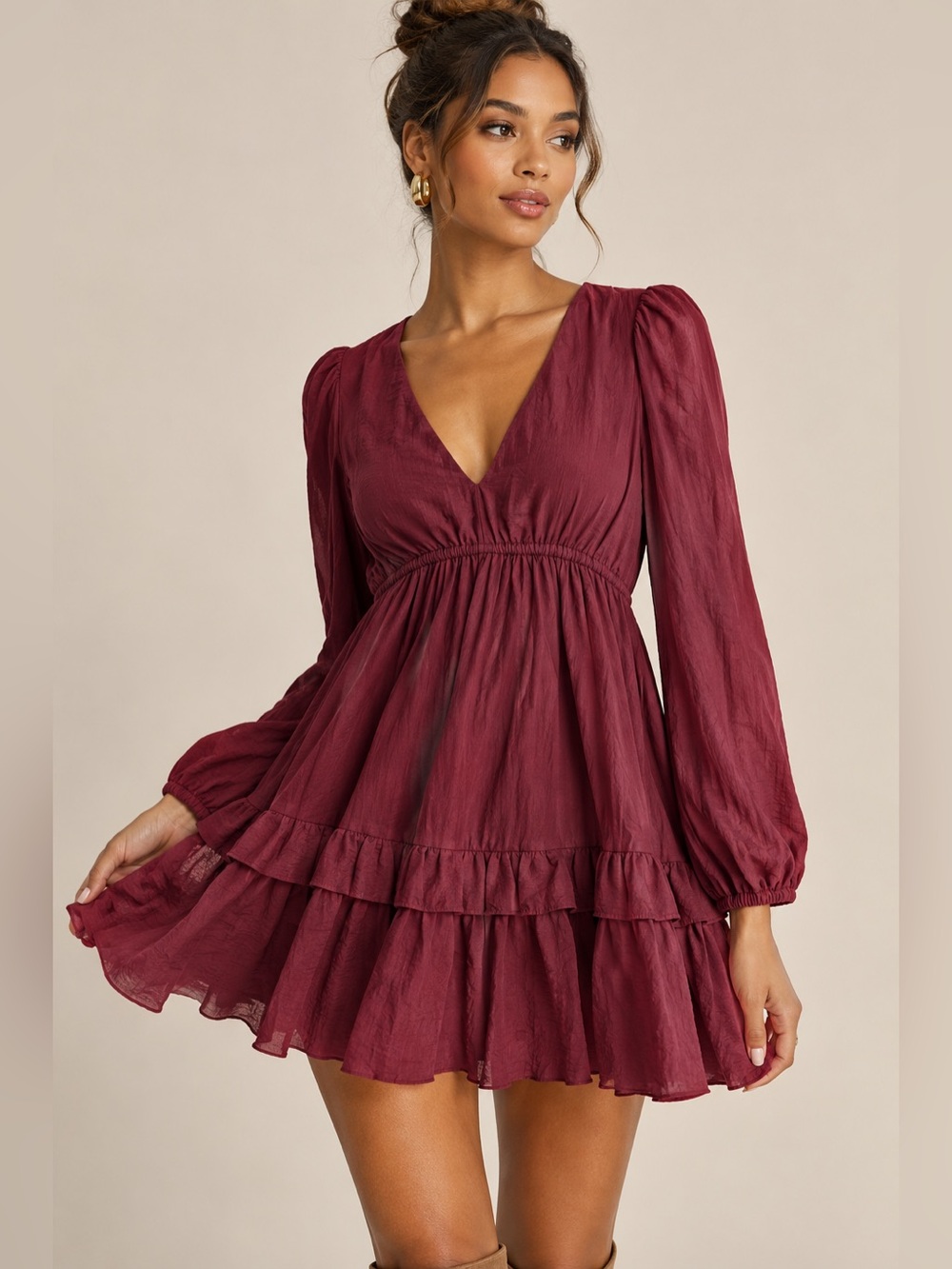 Abercrombie & Fitch Burgundy Long-Sleeve V-Neck Ruffled Tiered Mini Dress S